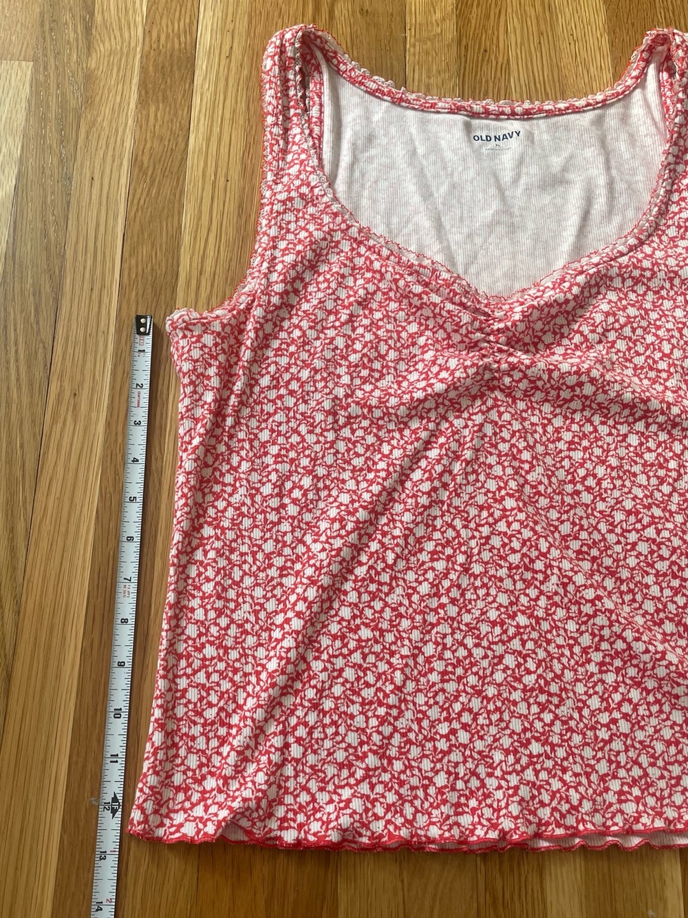 Old Navy Red Floral Ruched Tank Top with Ruffle Detail